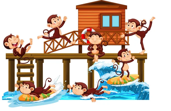 Wooden Pier Many Monkeys Doing Different Activities Illustration — Stock Vector