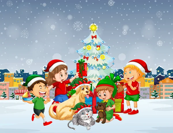 圣诞节期间与儿童和狗一起降雪的场景 — 图库矢量图片
