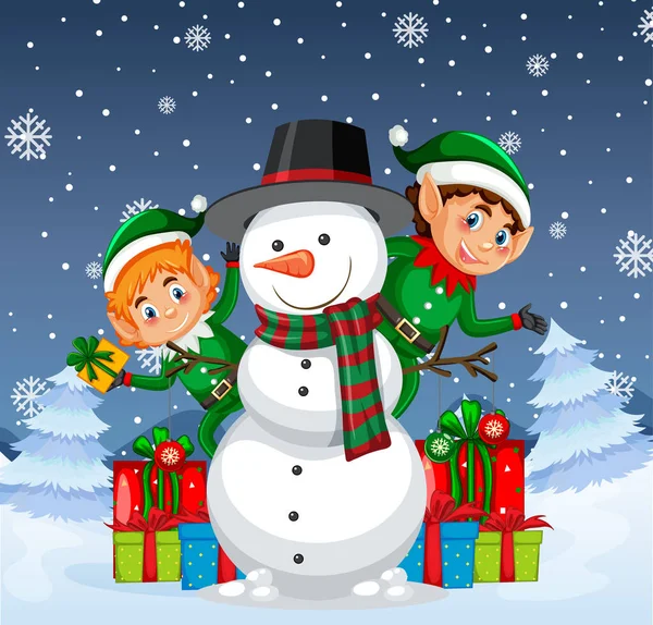 クリスマスエルフと雪だるまのイラストと雪の冬の夜 — ストックベクタ