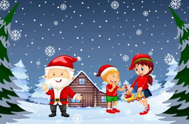 Noel Baba ve çocuklarla karlı bir kış gecesi