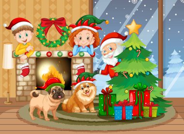 Çocuklar Noel 'i evde Noel Baba resimleriyle kutluyorlar.