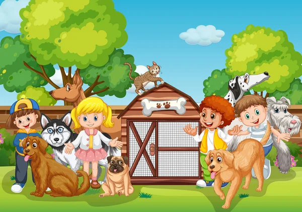 Εξωτερική Σκηνή Παιδιά Και Σκυλιά Τους Εικονογράφηση — Διανυσματικό Αρχείο