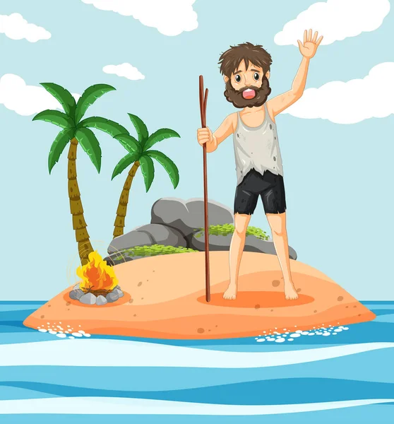 Man Deserted Island Isolated Illustration — Stock Vector