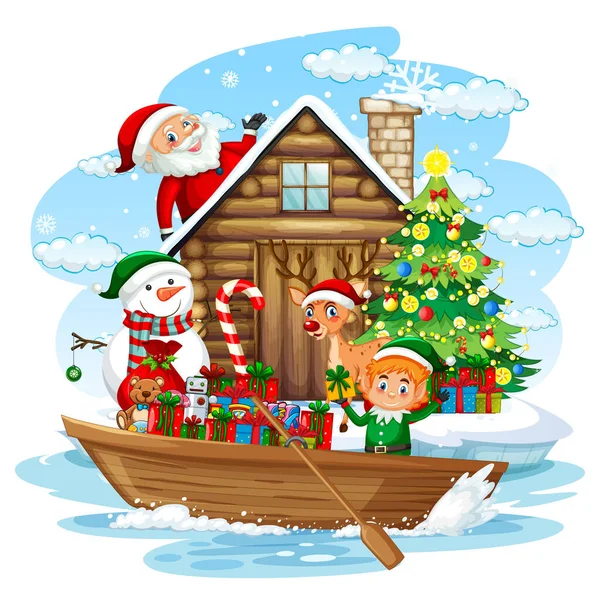 Άγιος Βασίλης Και Ξωτικό Παραδίδοντας Δώρα Πλοίο Εικονογράφηση — Διανυσματικό Αρχείο