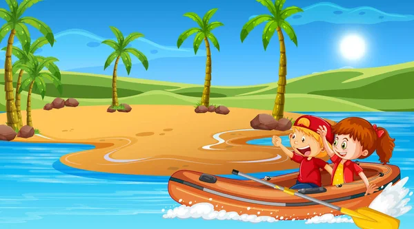 Paisaje Playa Con Niños Barco Inflable Ilustración — Archivo Imágenes Vectoriales