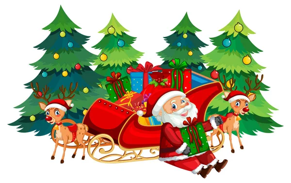 Santa Claus Reindeer Sleigh Christmas Trees Illustration — Stock Vector