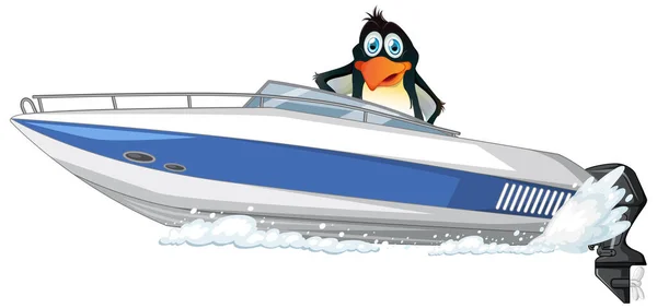 Pinguïn Een Speedboot Cartoon Stijl Illustratie — Stockvector