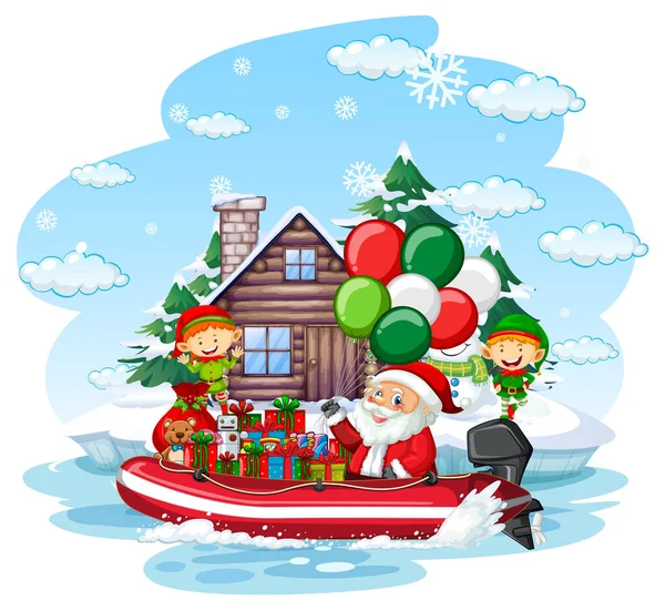 Санта Клаус Эльфы Доставляют Подарки Иллюстрации Лодки — стоковый вектор