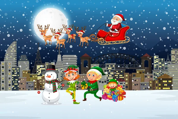 Sněžná Zimní Noc Santa Clausem Saních Ilustrace Elfů — Stockový vektor