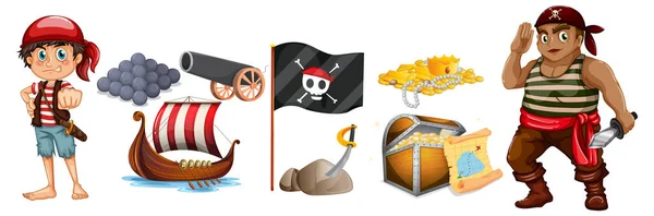 Ensemble Personnages Dessins Animés Pirates Illustration Objets — Image vectorielle