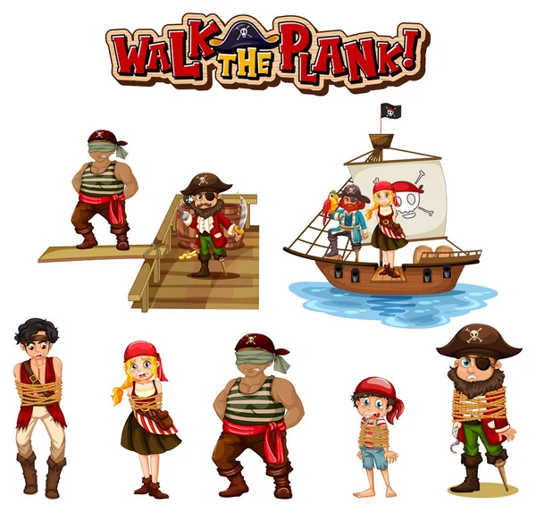 Conjunto Personajes Dibujos Animados Piratas Objetos Ilustración — Vector de stock