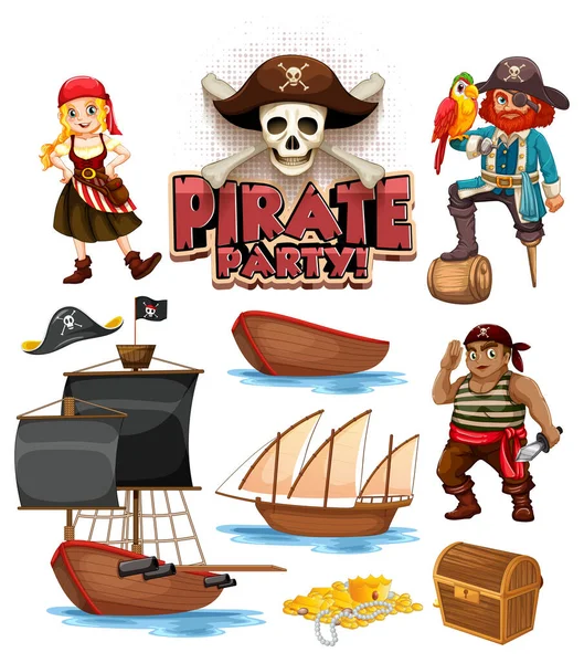 Ensemble Personnages Dessins Animés Pirates Illustration Objets — Image vectorielle
