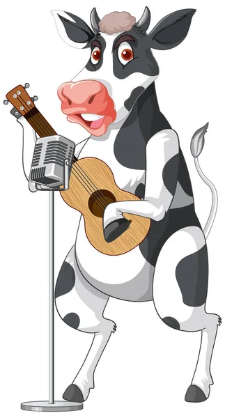 Kuh Auf Zwei Beinen Steht Und Gitarre Spielt Zeichentrickfigur Illustration — Stockvektor