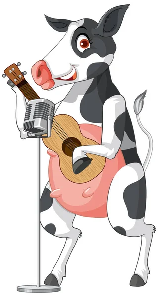 Mléčná Kráva Stojící Dvou Nohách Hrající Kytaru Kreslený Znak Ilustrace — Stockový vektor