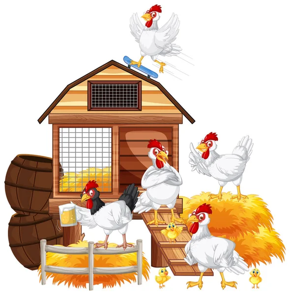 Isolated Scene Group Chickens Cartoon Style Illustration — Stock Vector