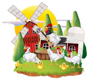 Çizgi film tarzında bir grup tavuğun izole edilmiş bir sahnesi.