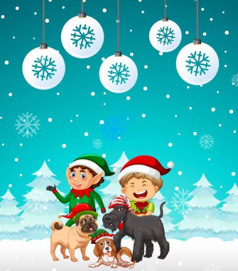 Karlı arkaplanda iki elf ve köpek resmi olan bir Noel posteri tasarımı.
