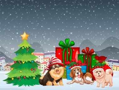 Yılbaşı kostümlü köpeklerle karlı bir Noel gecesi sahnesi.