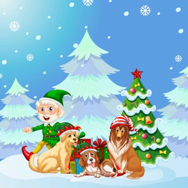 Elf ve köpek resimli Noel posteri tasarımı