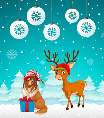 Karlı arkaplanda bir köpek ve ren geyiği olan bir Noel posteri tasarımı