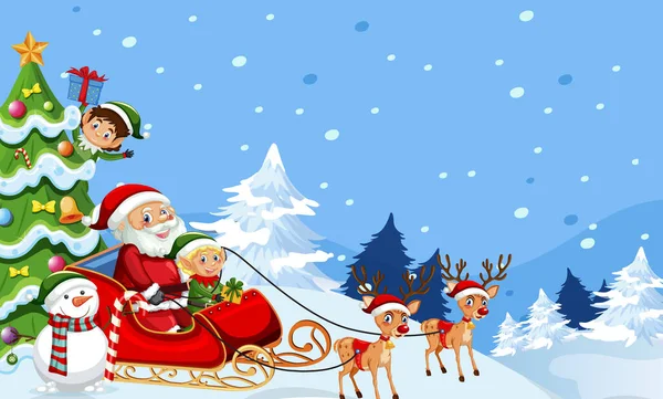 Christmas Santa Claus Släde Med Vänner Snöig Blå Bakgrund Illustration — Stock vektor