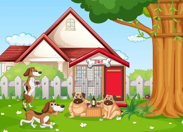 Veel Honden Drinken Wijn Thuis Illustratie — Stockvector