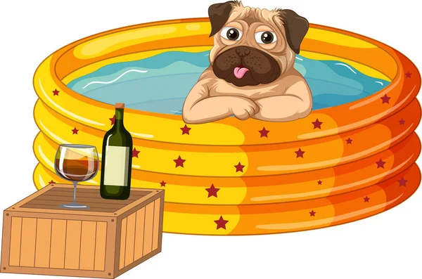 Pug Imersão Água Beber Vinho Ilustração — Vetor de Stock