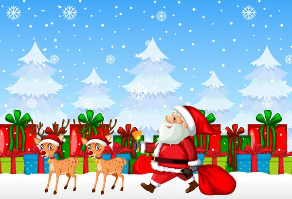 Santa Claus Med Presentaskar Snöig Blå Bakgrund Illustration — Stock vektor