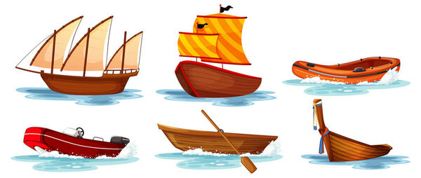 Набор различных типов лодок и кораблей изолированные иллюстрации