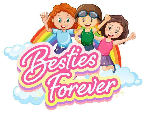 Bestie Voor Altijd Logo Met Drie Meisjes Cartoon Karakter Illustratie — Stockvector