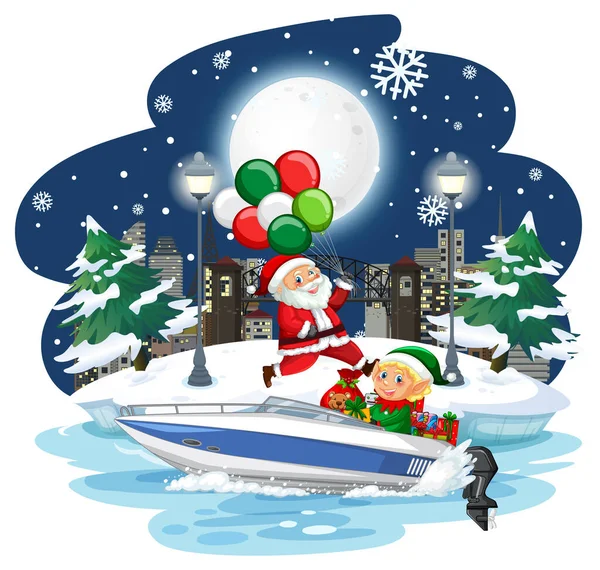 Santa Claus Elf Speedboat Snowy Night Illustration — Stock Vector