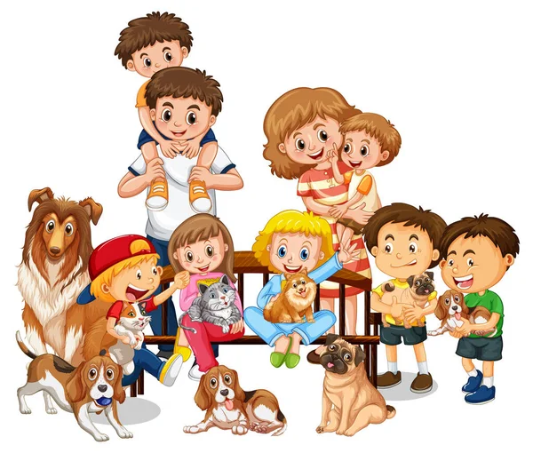Miembros Familia Con Muchos Perros Ilustración Estilo Dibujos Animados — Archivo Imágenes Vectoriales