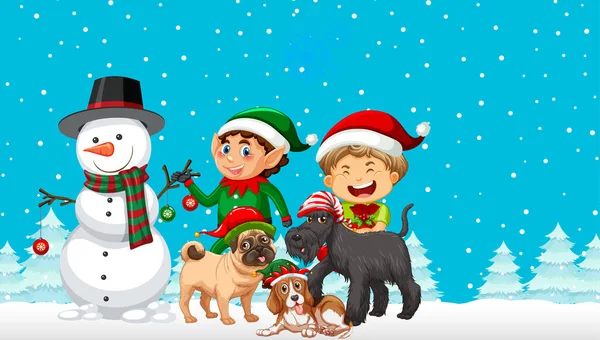 Karlı mavi arkaplandaki Noel çizgi film karakterleri