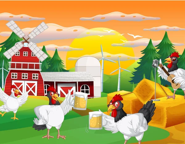 Adegan Pertanian Dengan Sekelompok Ayam Kartun Karakter Ilustrasi - Stok Vektor