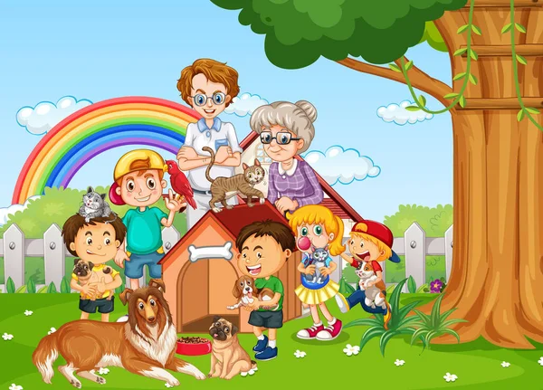 Escena Aire Libre Con Niños Sus Perros Ilustración — Vector de stock