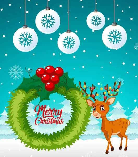 Reindeer Christmas Wreath Snowy Background Illustration — Stock Vector