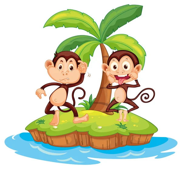孤島のイラストに2つの面白い猿の漫画のキャラクター — ストックベクタ