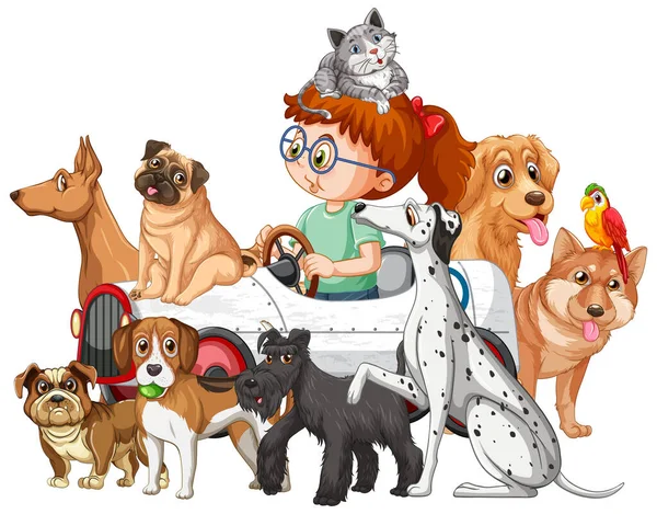 Una Ragazza Alla Guida Giocattolo Con Molti Cani Illustrazione — Vettoriale Stock