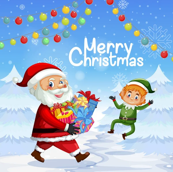 Merry Christmas Poster Ontwerp Met Santa Claus Elf Illustratie — Stockvector