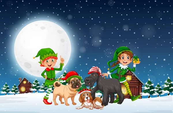 Snowy Winter Night Christmas Elves Dogs Illustration — Stock Vector