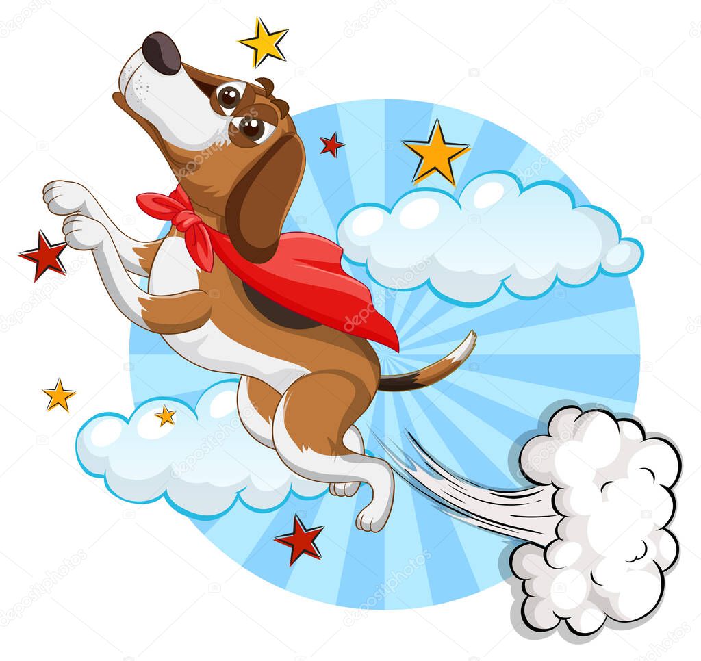 Dog with red cape flying in the sky illustration