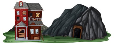 Beyaz arkaplanda kaya mağarası olan terk edilmiş bir ev.