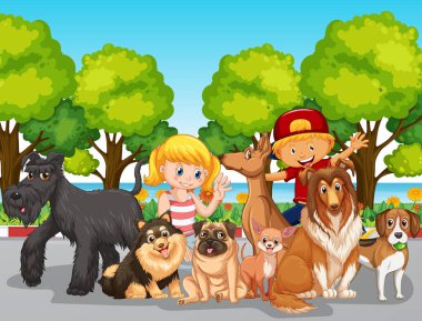 Köpekleriyle oynayan çocukların olduğu park sahnesi