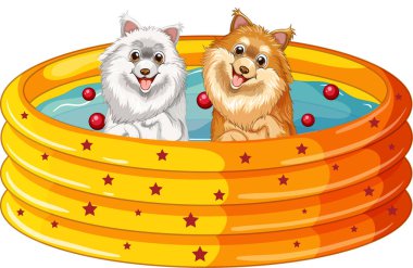 Sarı havuzda banyo yapan iki köpek.