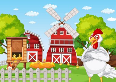 Çiftlik illüstrasyonunun önünde duran tavuk çizgi film karakteri.
