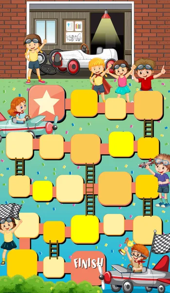 Snake Ladder Spel Template Met Kinderen Personages Illustratie — Stockvector