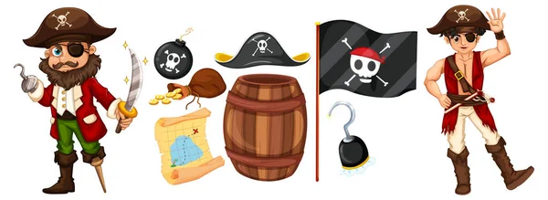 Conjunto Personajes Dibujos Animados Piratas Objetos Ilustración — Vector de stock