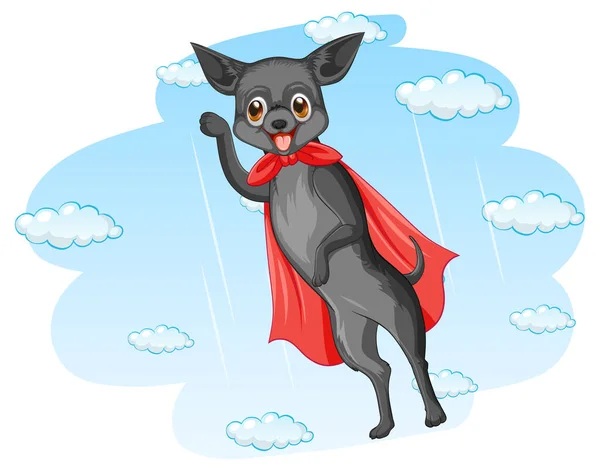 Cute Dog Red Cape Flying Sky Illustration — Stock Vector