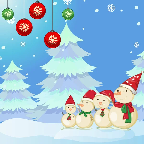 Disegno Poster Natale Con Pupazzo Neve Famiglia Illustrazione — Vettoriale Stock