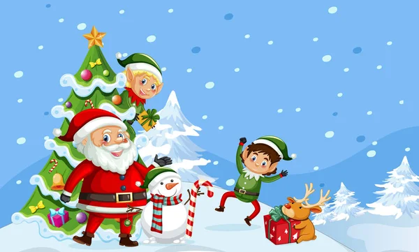 Papai Noel Com Amigos Fundo Azul Nevado Ilustração —  Vetores de Stock